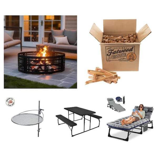 36 in. Fire Pit Ring, 10 lbs. Fatwood Kindling, Fire Ring Grill, Folding Picnic Table, and Camping Cot Combo