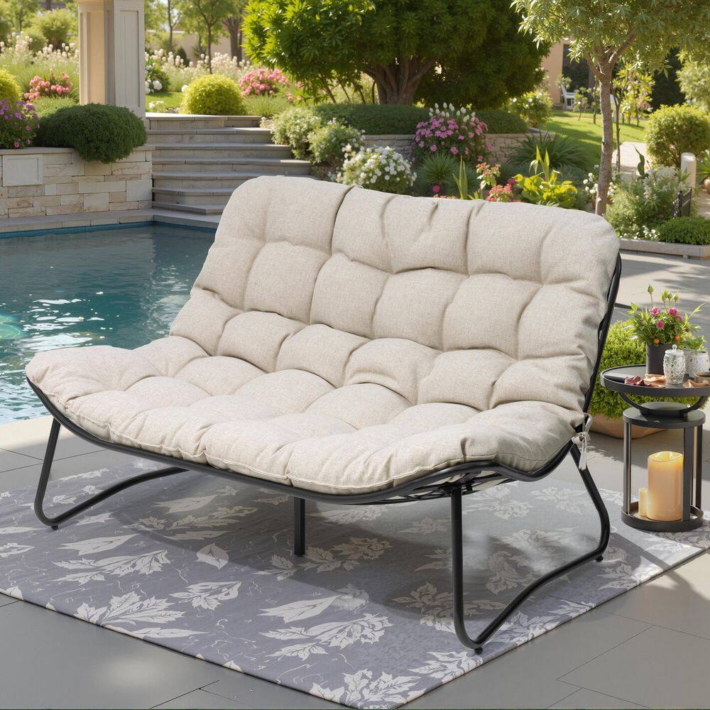 Metal Framed Outdoor Loveseat Oversize Patio Double Chaise Lounge Chair with Beige Cushion for Garden Living Room price history on PriceWatchPro