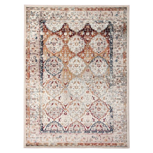 8 ft. x 10 ft. Beige Rust and Navy Floral Medallion Power Loom Area Rug