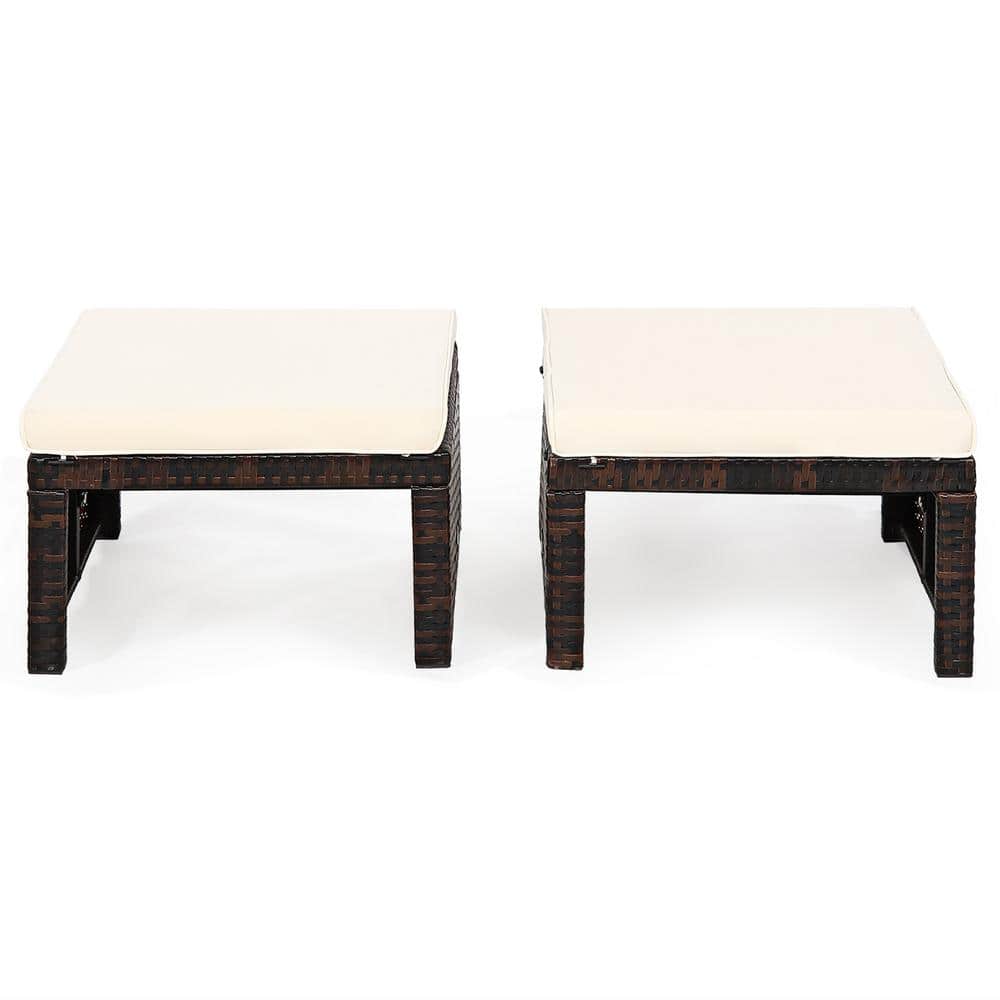 White PE Rattan Outdoor Ottomans with Cushions, Set of 2