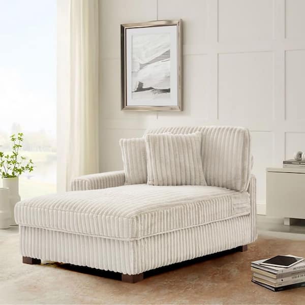 White Faux Rabbit Fur Polyester Left Arm Facing Sectional Chaise Lounge with Wood Legs(Set of 1)