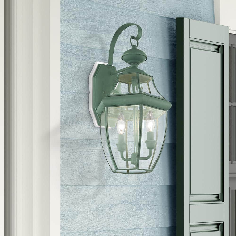 Verdigris Brass Dual-Light Lantern Wall Sconce with Clear Beveled Glass