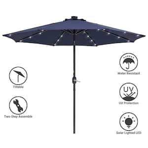 9 ft. Solar Lighted LED Outdoor Patio Market Table Umbrella in Navy Blue, UV-Resistant Canopy and Tilt Button