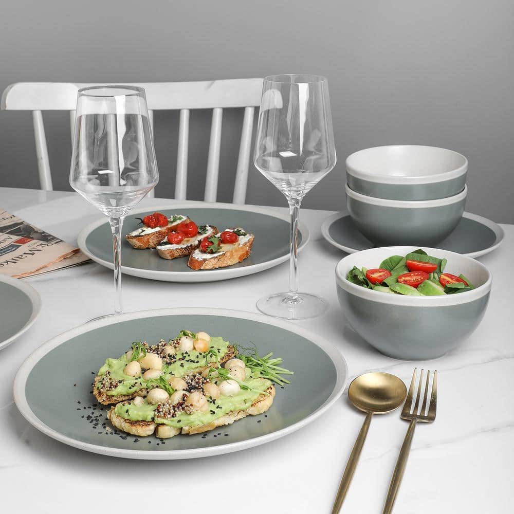 Green and Cream Ceramic 16-Piece Dinnerware Set with Edge Embellishment