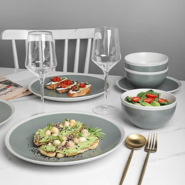 Stone Lain Serenity 16-Piece Dinnerware Set Stoneware, Service For 4, Green and Cream