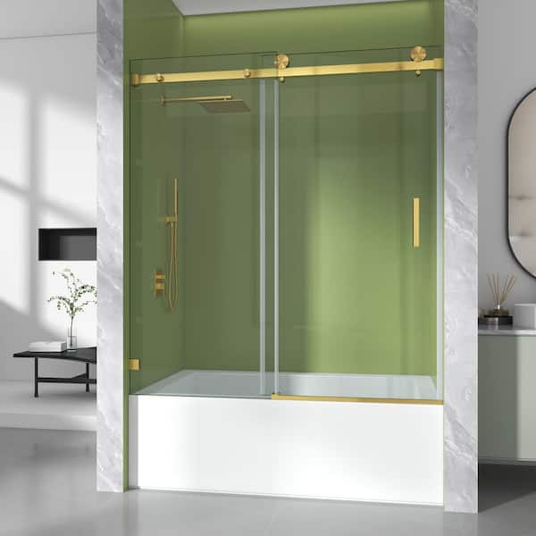 56-61 in. W x 60 in. H Single Sliding Frameless Tub Door in Brushed Gold with 3/8 in. Clear SGCC Tempered Glass