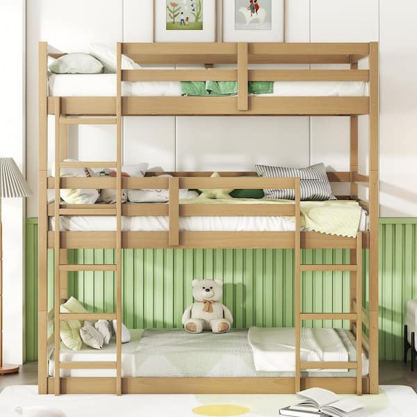 Natural Yellow Triple Twin Size Bunk Bed with Two Built-in Ladders and Guardrails