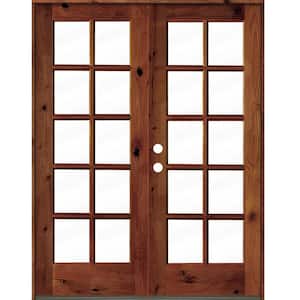 60 in. x 80 in. French Knotty Alder Wood 10-Lite Clear Glass Red Chestnut Stain Right Active Double Prehung Front Door