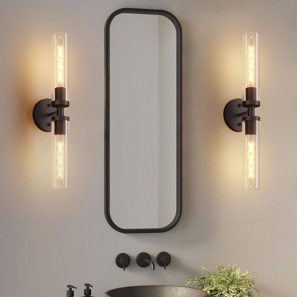 Zelin 22 in. 2-Light Modern Clear Glass Wall Sconce With Matte Black Fixtures For Bathroom, Living room, Hallway price history on PriceWatchPro