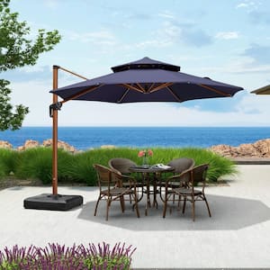 11 ft. Octagon High-Quality Wood Pattern Aluminum Cantilever Polyester Patio Umbrella with Stand, Navy Blue