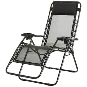 Adjustable Zero Gravity Folding Reclining Outdoor Lounge Chair with Pillow in Black