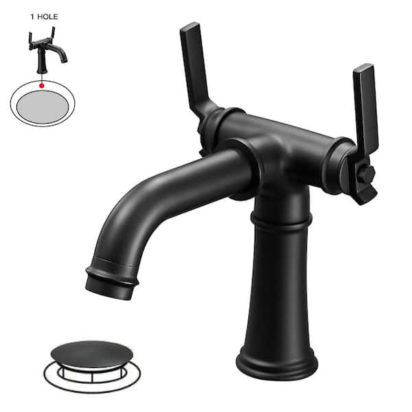 HOMEMYSTIQUE Double Handle Low Arc Single Hole Bathroom Faucet in Matte Black with Pop-Up Drain