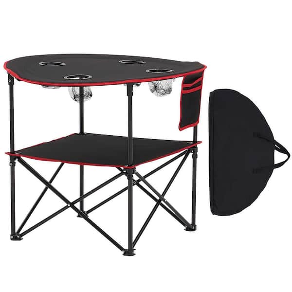 Folding Camping Table, Portable Outdoor Lightweight Picnic Table, 600D Oxford Fabric, 4 Cup Holders and Carry Bag, Black