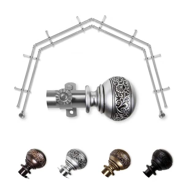 EMOH 13/16" Dia Adjustable 4-Sided Double Bay Window Curtain Rod 28 to 48" (each side) with Douglas Finials in Satin Nickel