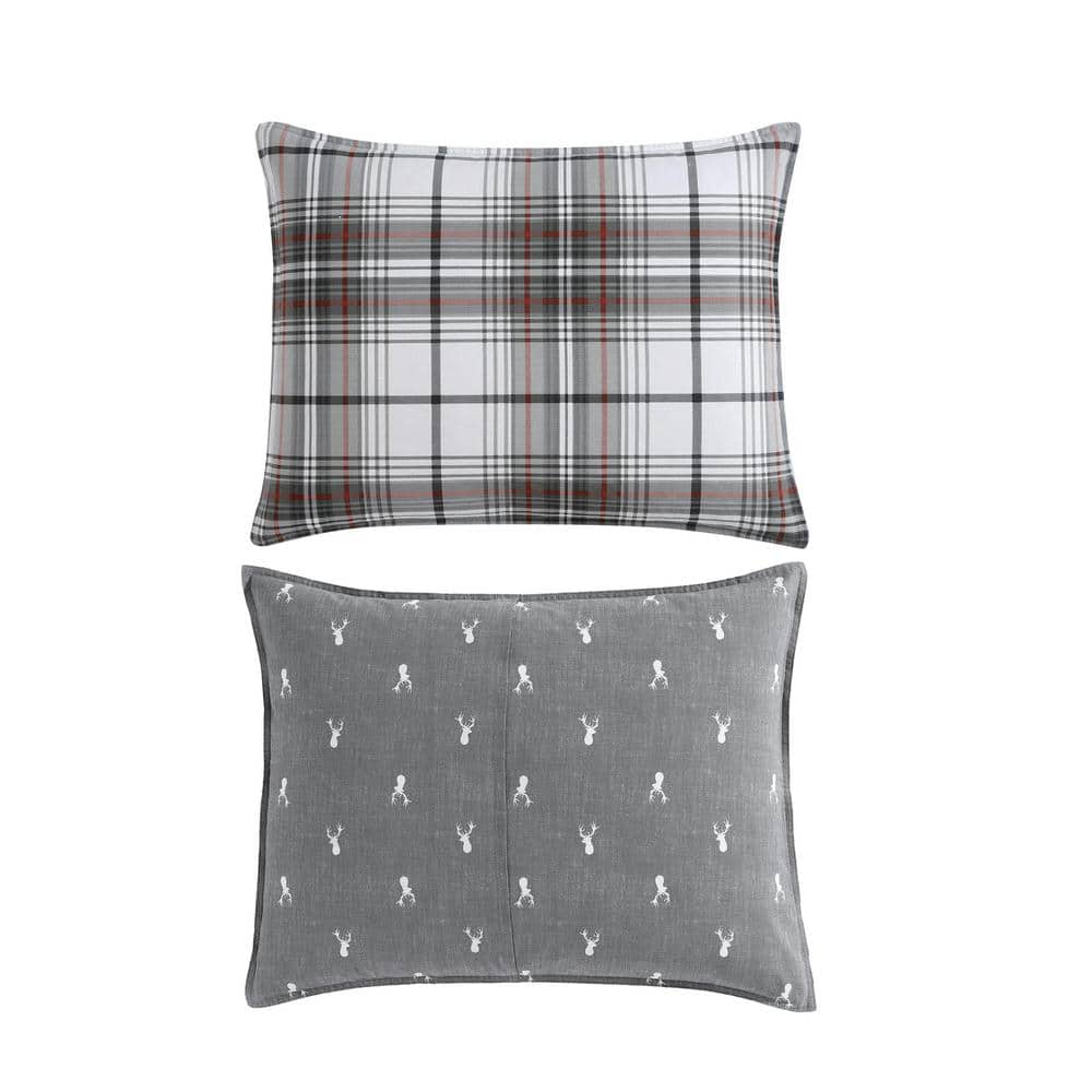 Queen Gray and Red Plaid Cotton Duvet Cover Set