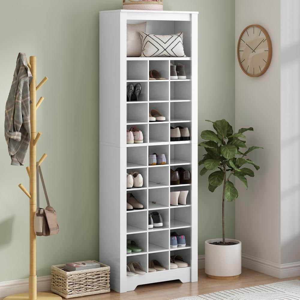 Modern Tall 73.8 in. H x 24.4 in. W White Wood Shoe Storage Cabinet, 30 Cub