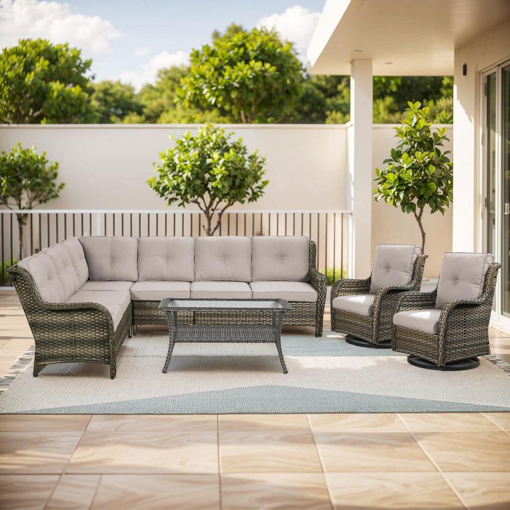 Arcline 5-Piece Gray Wicker Patio Conversation Set with Olefin Beige Cushions L-Shaped Sofa with Outdoor Swivel Chair price history on PriceWatchPro