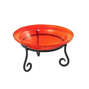 12.5 in. Dia Red Reflective Crackle Glass Birdbath Bowl with Short Stand