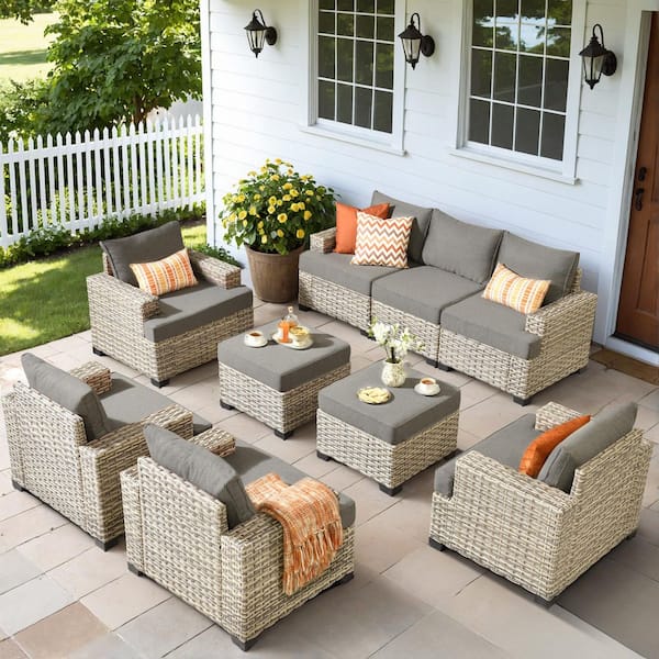 Tiberte Gray 9-Piece Wicker Patio Conversation Seating Set with Dark Gray Cushions