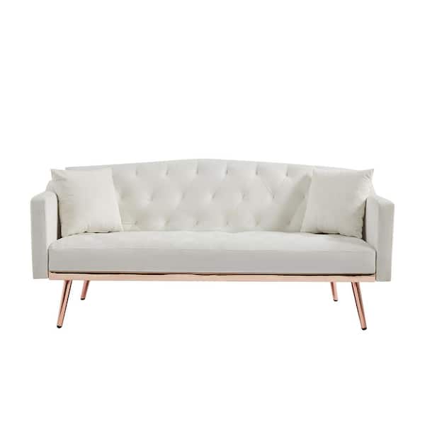URTR 64.9 in. White Velvet Sofa Bed Living Room Button Tufted Sofa ...