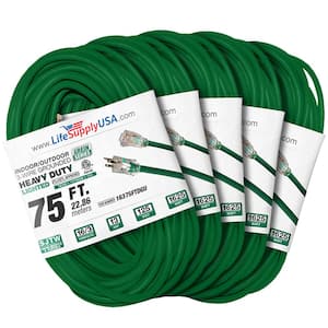 75 ft. 16-Gauge/3-Conductors SJTW Indoor/Outdoor Extension Cord with Lighted End Green (5-Pack)