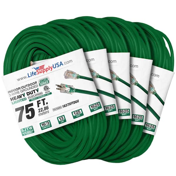 LifeSupplyUSA 75 ft. 16-Gauge/3-Conductors SJTW Indoor/Outdoor Extension Cord with Lighted End Green (5-Pack)