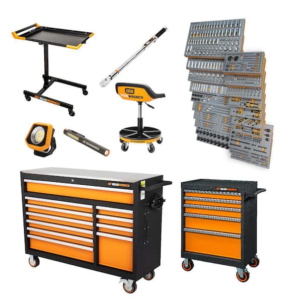 MEGAMOD 52 in. x 18 in. 11-Drawer Mobile Workbench Cabinet with Master Mechanics Tool Set in Foam Trays (1,024-Pieces)