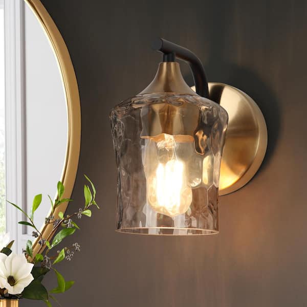 Jallie Classic 1-Light Brass Gold Water Glass Wall Sconce, Contemporary Cylinder Vanity Light Black Wall Light