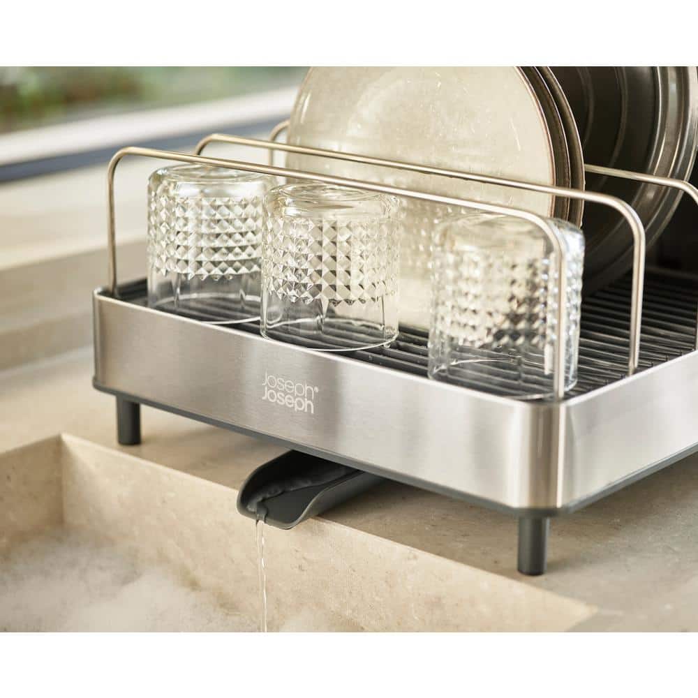 Steel Expanding Dish Rack with Utensil Cup and Draining Spout