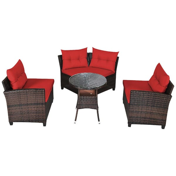 FORCLOVER 4-Piece Wicker Patio Conversation Set with Red Cushions