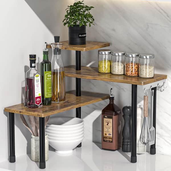 3 Tier Brown Adjustable Organizer Corner Shelf Space Saving Countertop Organizer with Hooks for Kitchen and Bathroom