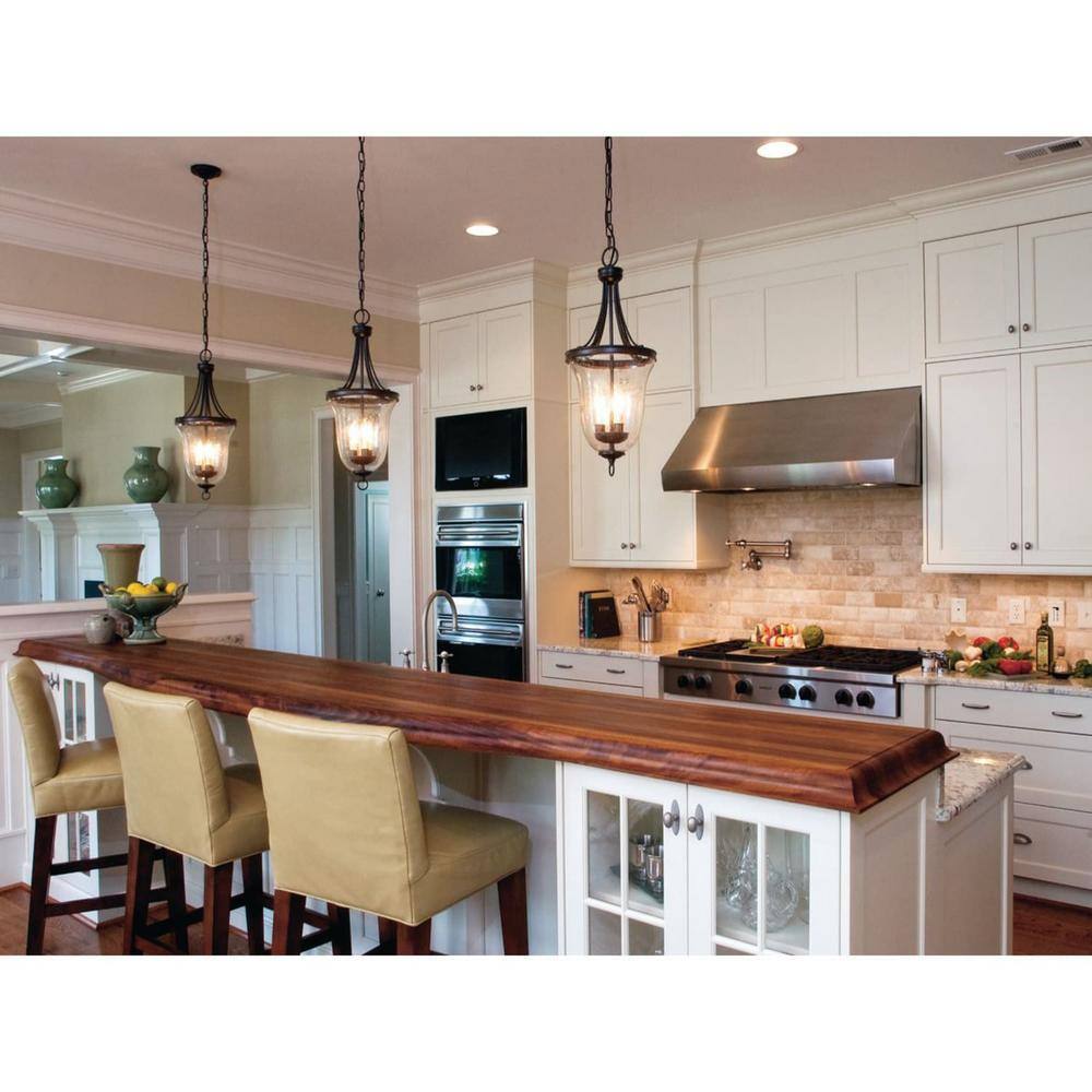Antique Bronze Seeded Glass 3-Light Pendant