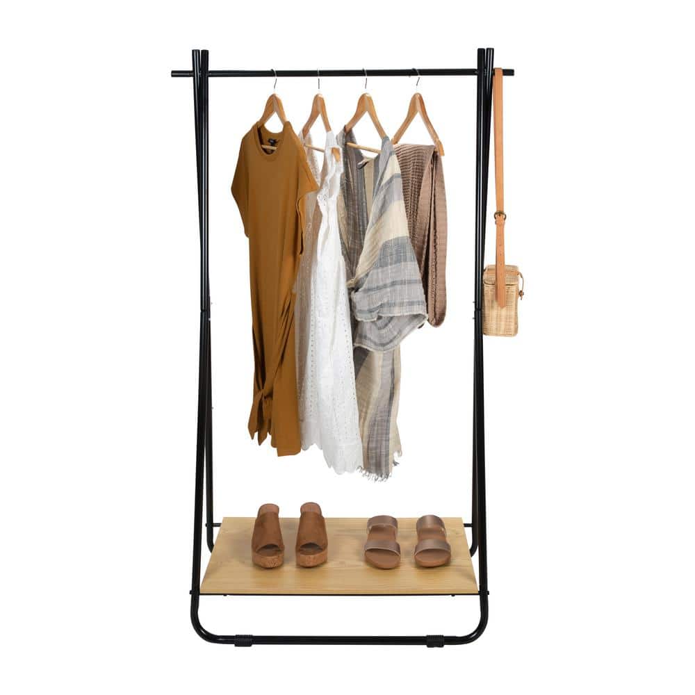 Black Metal Garment Rack with Light Brown Wooden Shelf