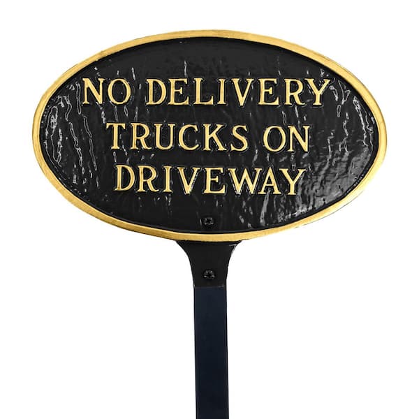 Montague Metal Products No Delivery Trucks on Driveway Small Oval Statement Plaque with 17.5 in. Lawn Stake-White/Black