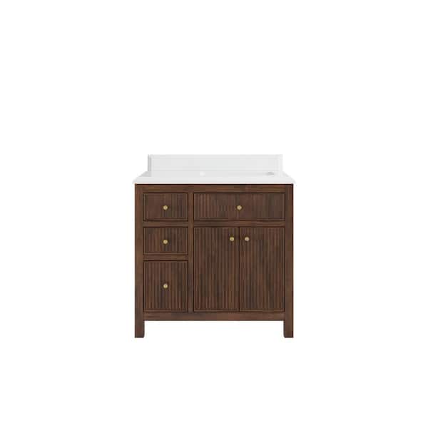 Willow Collections Sonoma Teak 36 in. Right Offset Sink Freestanding Dark Walnut Bath Vanity with White Quartz Top Unassembled