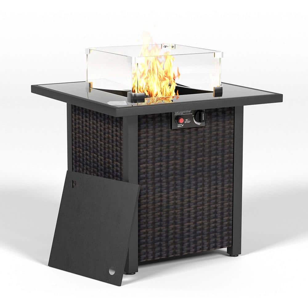 28 in. 50000 BTU Outdoor Propane Gas Square Fire Pit Table with Glass Wind Guard in Brown