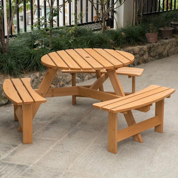 Round Wooden Outdoor Picnic Table, Round Outdoor Table With Bench Seats