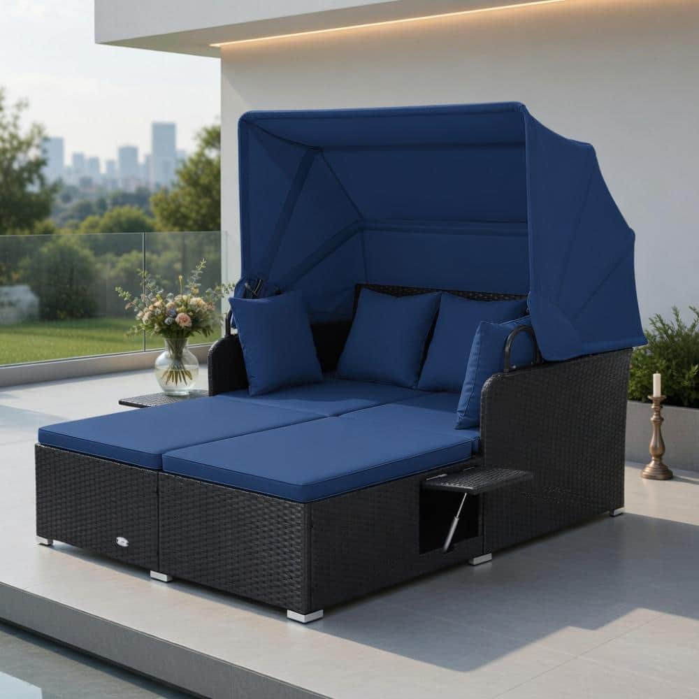 Outdoor Rattan Daybed with Retractable Canopy & Foldable Trays – Navy PE Wicker Lounge for Patio, Deck, Poolside