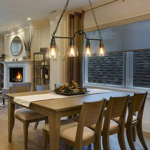 Modern Brushed Silver Island Chandelier, 32 in. Lik 4-Light Farmhouse Pendant Light with Seeded Glass Shade