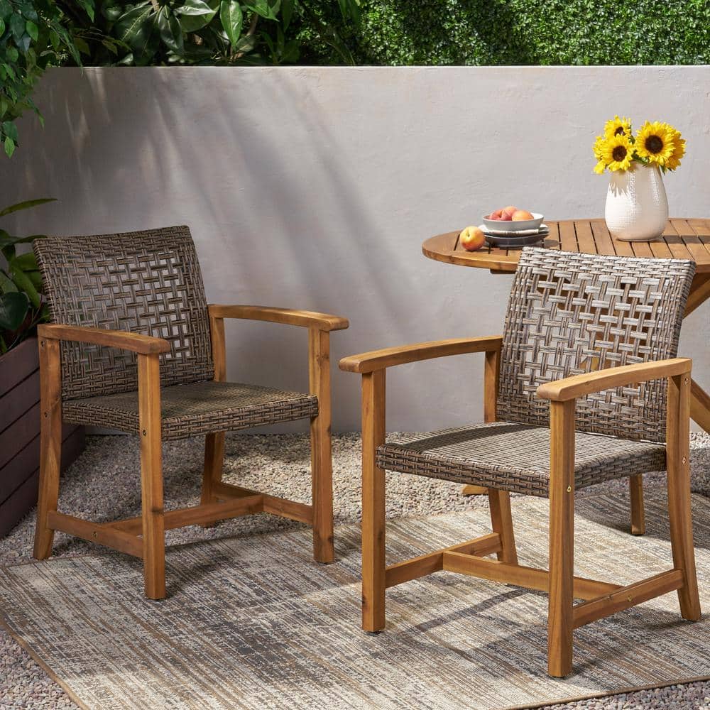 Teak Brown and Mixed Mocha Woven Wood Dining Armchair Pair