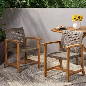 Hampton Teak Brown Patterned Wood Outdoor Dining Chair in Mixed Mocha Faux Rattan Seat (2-Pack)