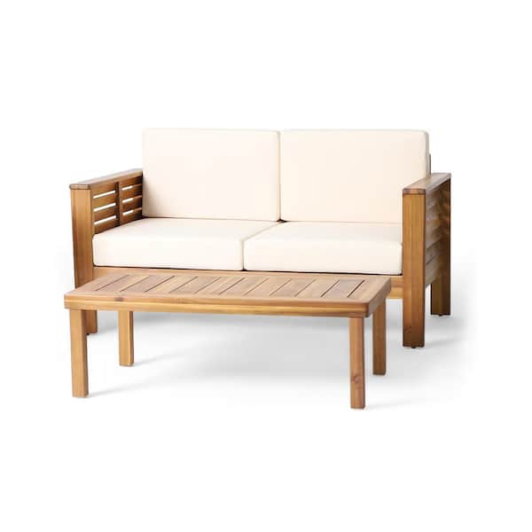 Unbranded Teak 2-Piece Acacia Wood Outdoor Loveseat and Coffee Table Set with Cream Cushions for Patio, Backyard, Deck, Garden