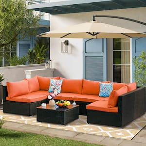 Modern & Comfortable 7-Piece Metal Wicker Outdoor Sectional Set with Orange Cushions