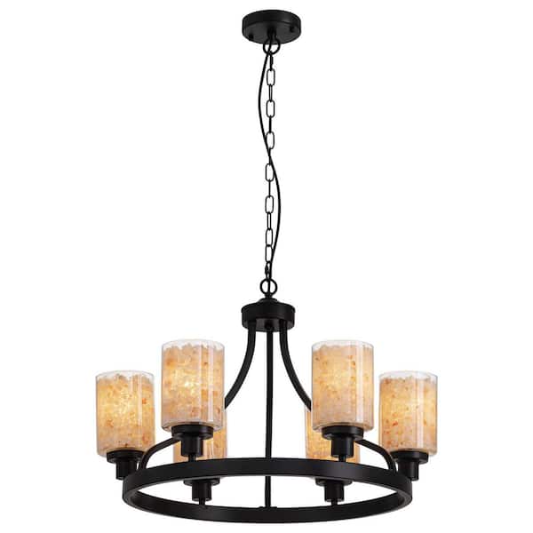 25 in. 6-Light Himalayan Salt Lamp Black Farmhouse Chandelier for Living Room Dining Room