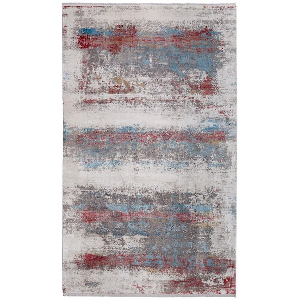 3 X 5 Gray, Blue, Red Abstract Area Rug