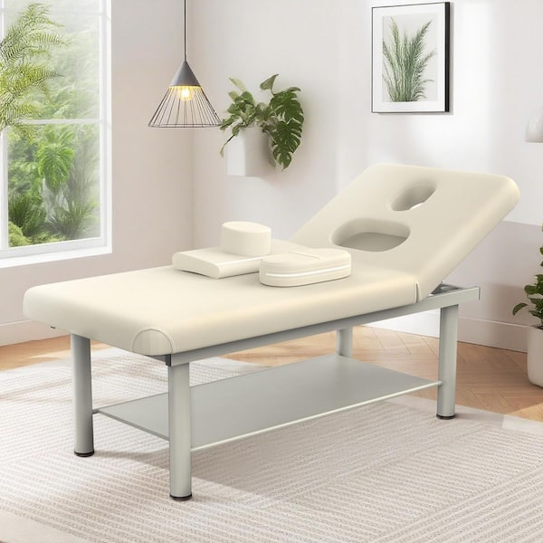 31.5 in. Beige Professional Massage Table Bed-Waterproof PU Leather Adjustable Chest Opening Round Iron Legs