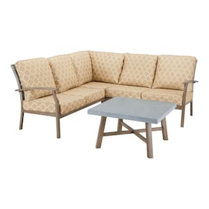 Beachside Rope Look Wicker Outdoor Patio Sectional Sofa Seating Set with CushionGuard Toffee Trellis Tan Cushions