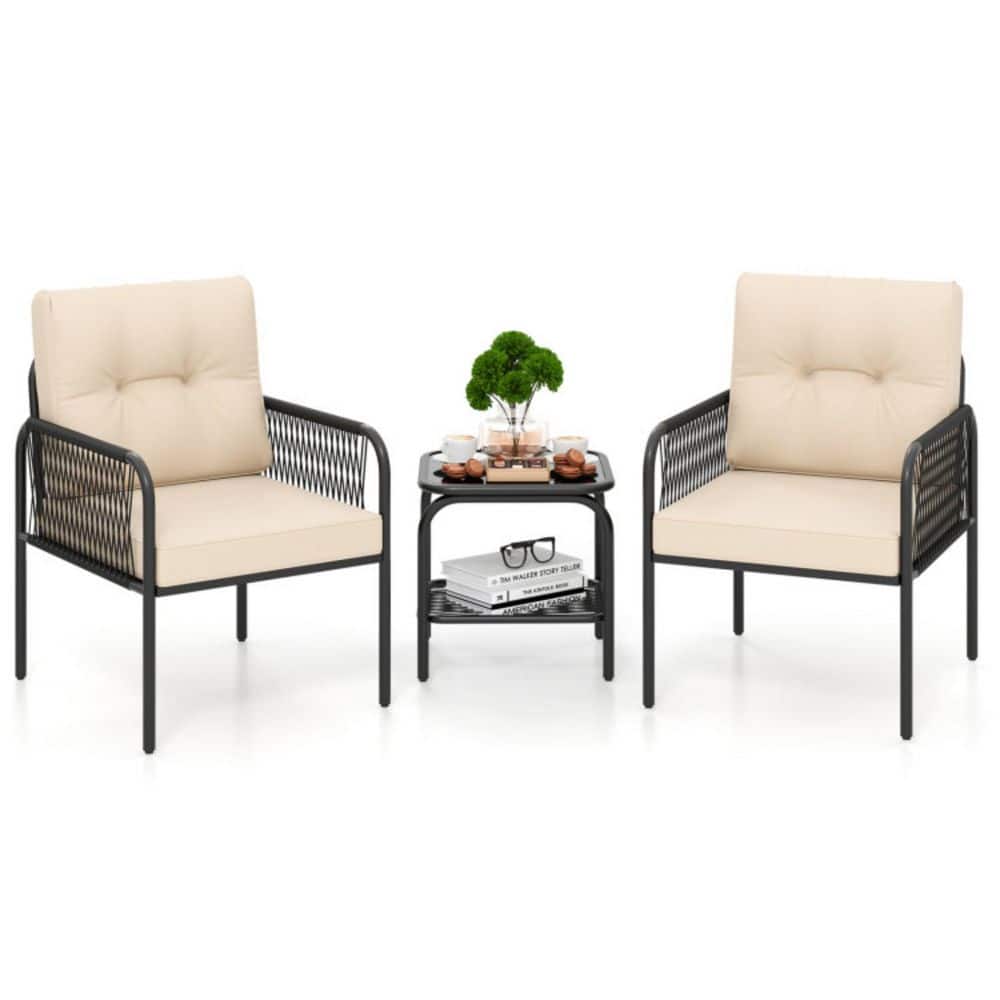3-Piece Wicker Patio Conversation Set with Tempered Glass Table and Beige Cushions price history on PriceWatchPro