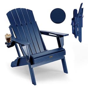 Navy HDPE Outdoor Folding Plastic Adirondack Chair with Cupholder