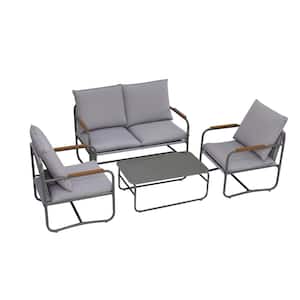 Black 4-Piece Wicker Patio Conversation Set with Removable Gray Cushions